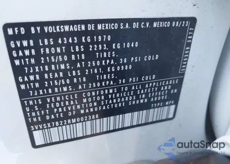 2024 Volkswagen Taos 1.5T Se из США, поврежденный, VIN 3VVSX7B22RM002386